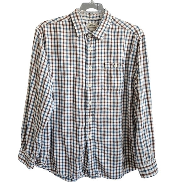 LL Bean Button Up Shirt Adult XL Brown Blue Plaid Flannel Long Sleeve Mens - Picture 1 of 2